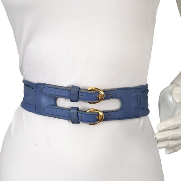 Vintage Wide Double Buckle Leather Belt 1990s Retro Summer Blue Gold - Picture 3 of 10